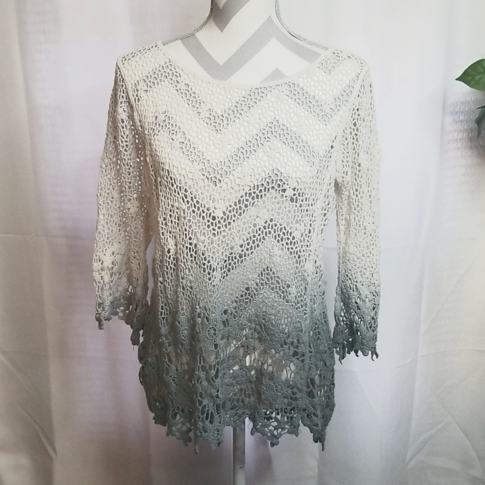 Boho Knitted Crochet Caged Floral Scoop Neck Top Size X-Large